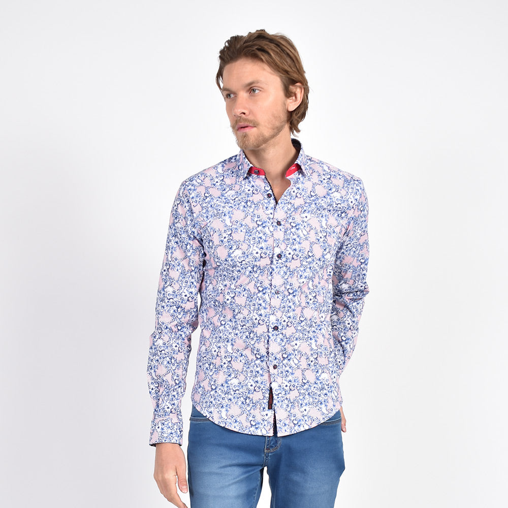 Blue and Red French Baroque Button Down Shirt Long Sleeve Button Down Eight-X   