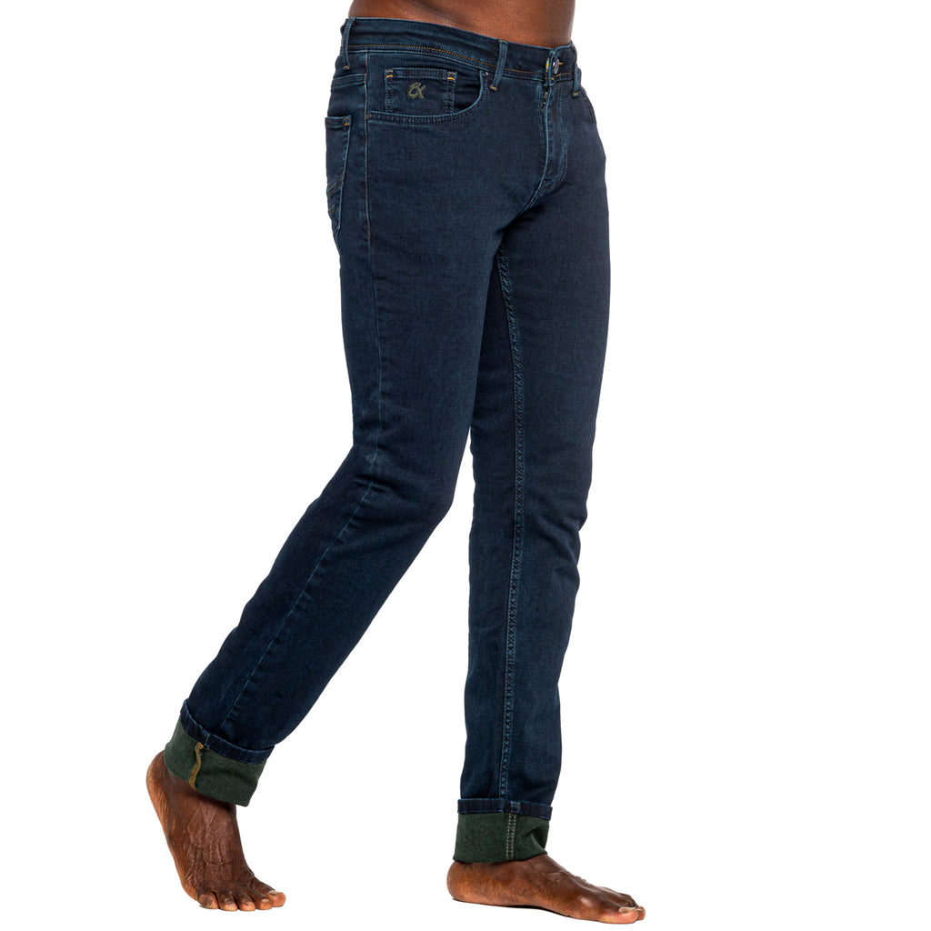 Navy Slim Fit Jeans w/ Olive Inner Lining Jeans EightX   