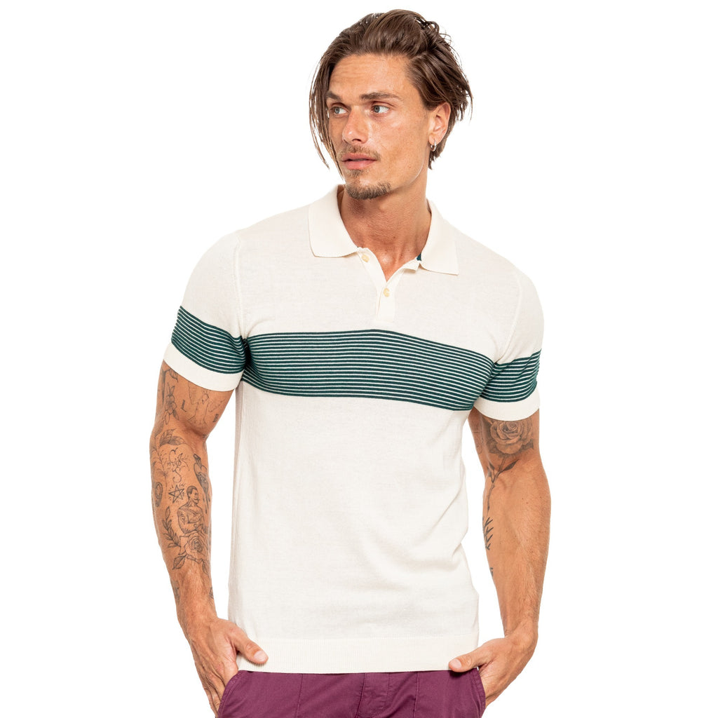 Striped Chest Knit Polo - Beige Knit Polos Eight-X BEIGE S 