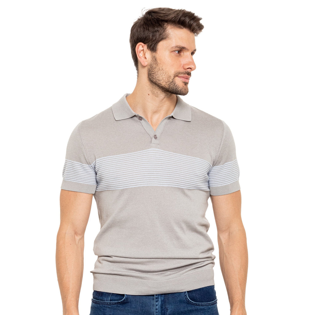 Striped Chest Knit Polo - Grey Knit Polos Eight-X   