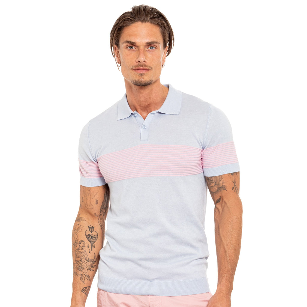 Striped Chest Knit Polo - Light Blue Knit Polos Eight-X   