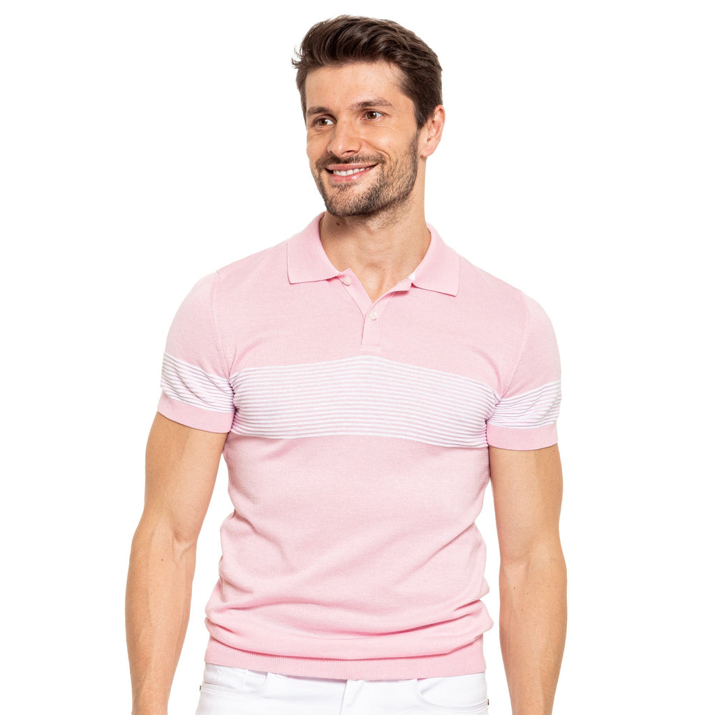 Striped Chest Knit Polo - Pink Knit Polos Eight-X   