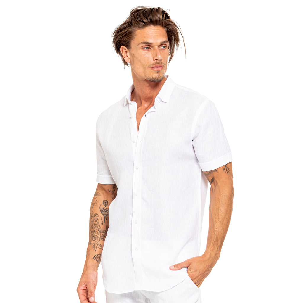 Linen Short Sleeve Shirt - White Short Sleeve Button Down Eight-X   