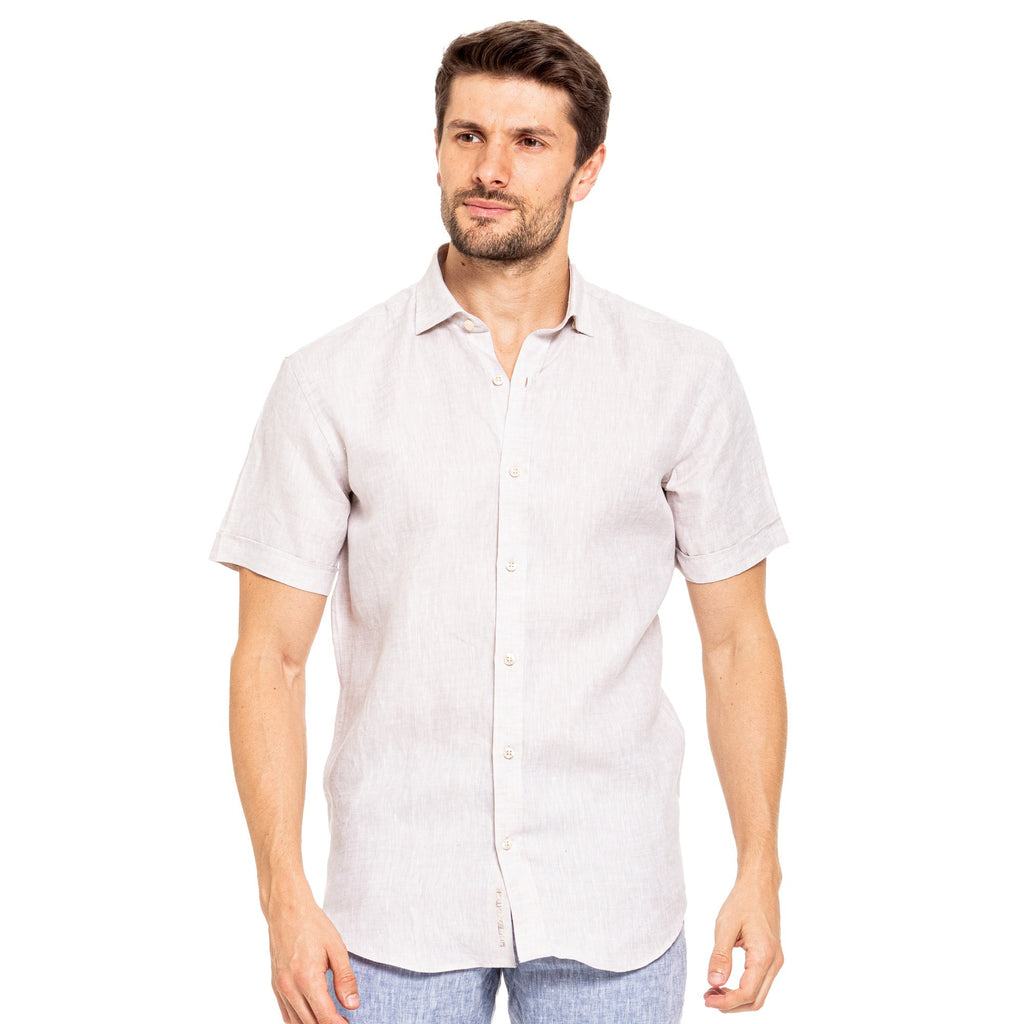 Linen Short Sleeve Shirt - Beige Short Sleeve Button Down Eight-X   