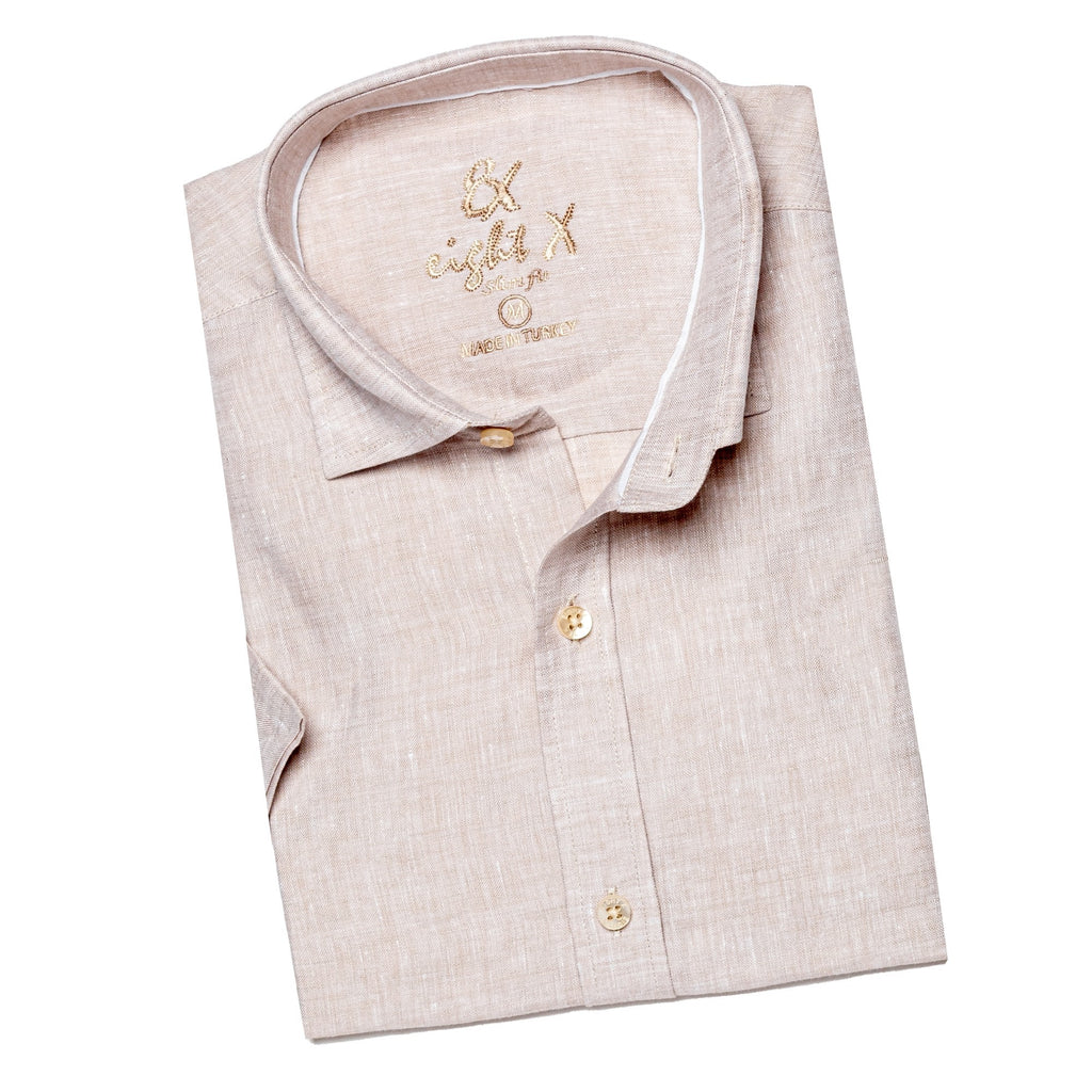Linen Short Sleeve Shirt - Beige Short Sleeve Button Down Eight-X   