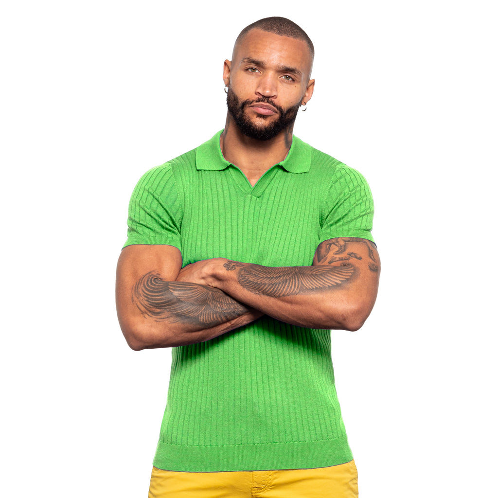 green knit open collar polo with ribbed stitching