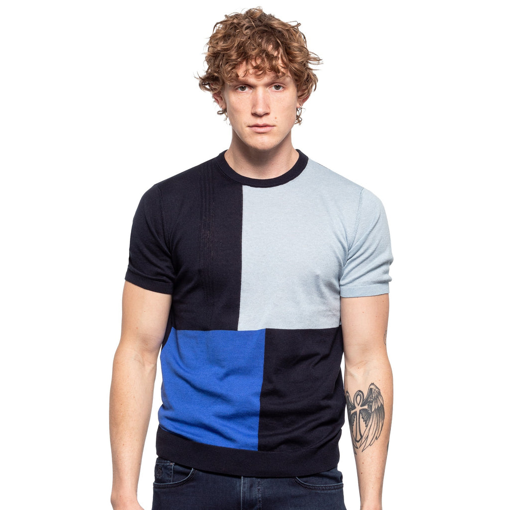 multi panel navy, blue, and gray knit t-shirt