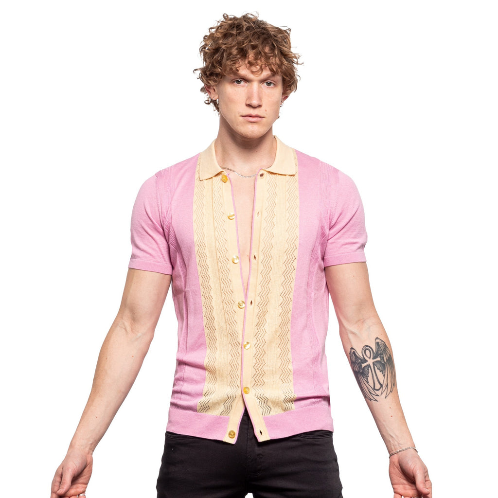bowling shirt style pink and creme knit short sleeve button shirt