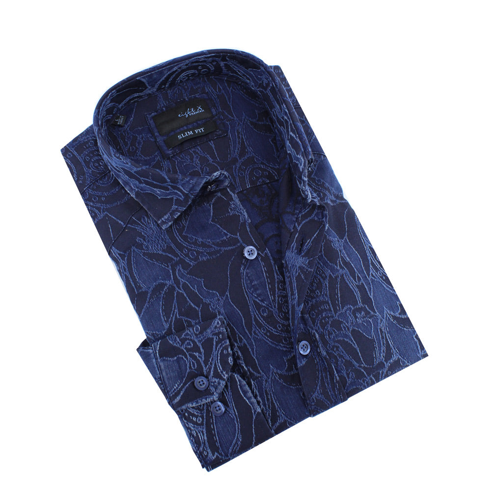 Denim Tapestry Design Stretch Jacquard Shirt Long Sleeve Button Down Eight-X NAVY S 