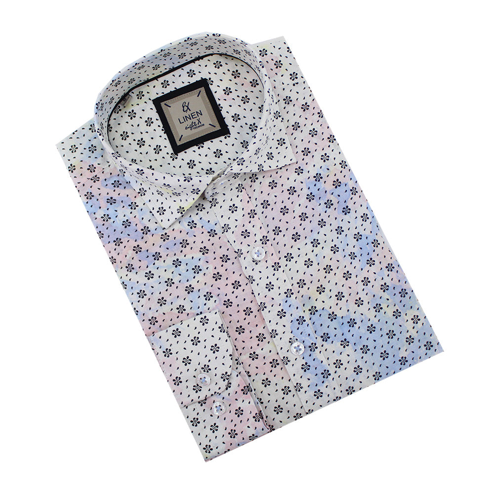 Folded long-sleeve, white linen button-up with light pink and blue tie-dye finish and calico print. Includes white buttons and spread collar. 
