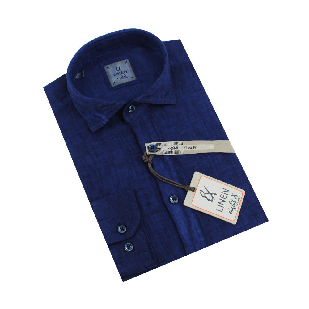 Folded long-sleeve, navy-blue linen button-up with spread collar and matching buttons.