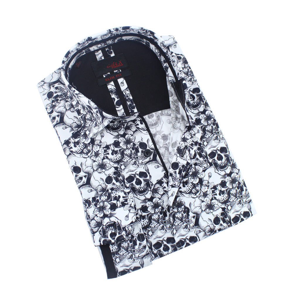 Hawaiian Skulls Button Down Print Shirt Long Sleeve Button Down Eight-X WHITE S 