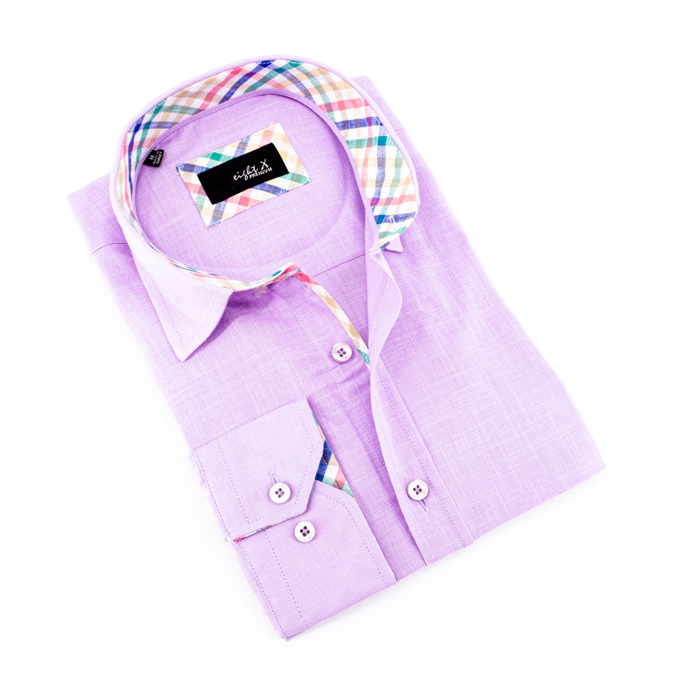 Folded long-sleeve, lilac cotton linen button-up with pastel-colored gingham trim. Includes lilac buttons and spread collar. 