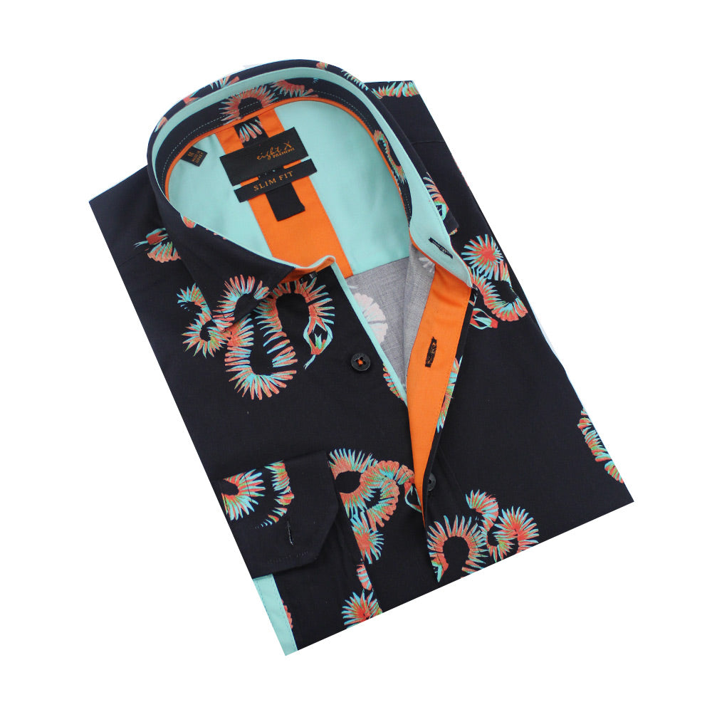 Black, folded button-up with blue and orange abstract snake print. Orange and aqua trim.