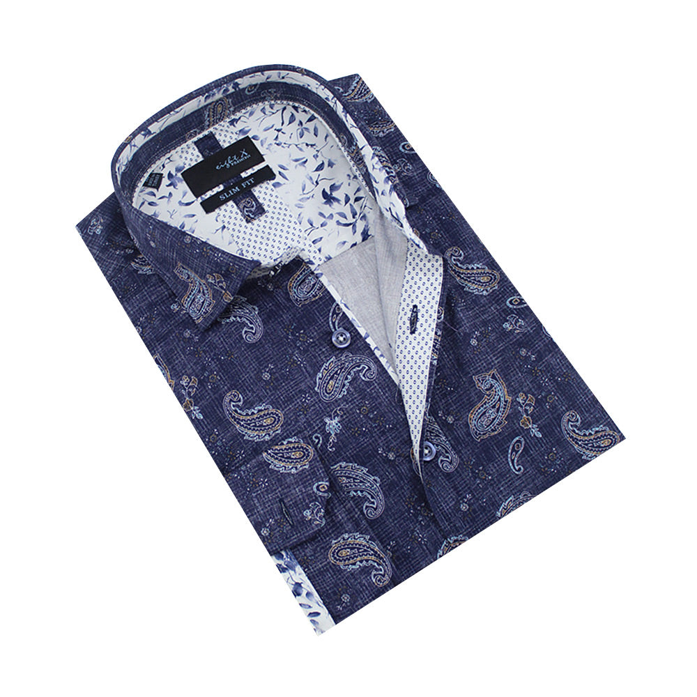 Folded navy button-up with white paisley print.