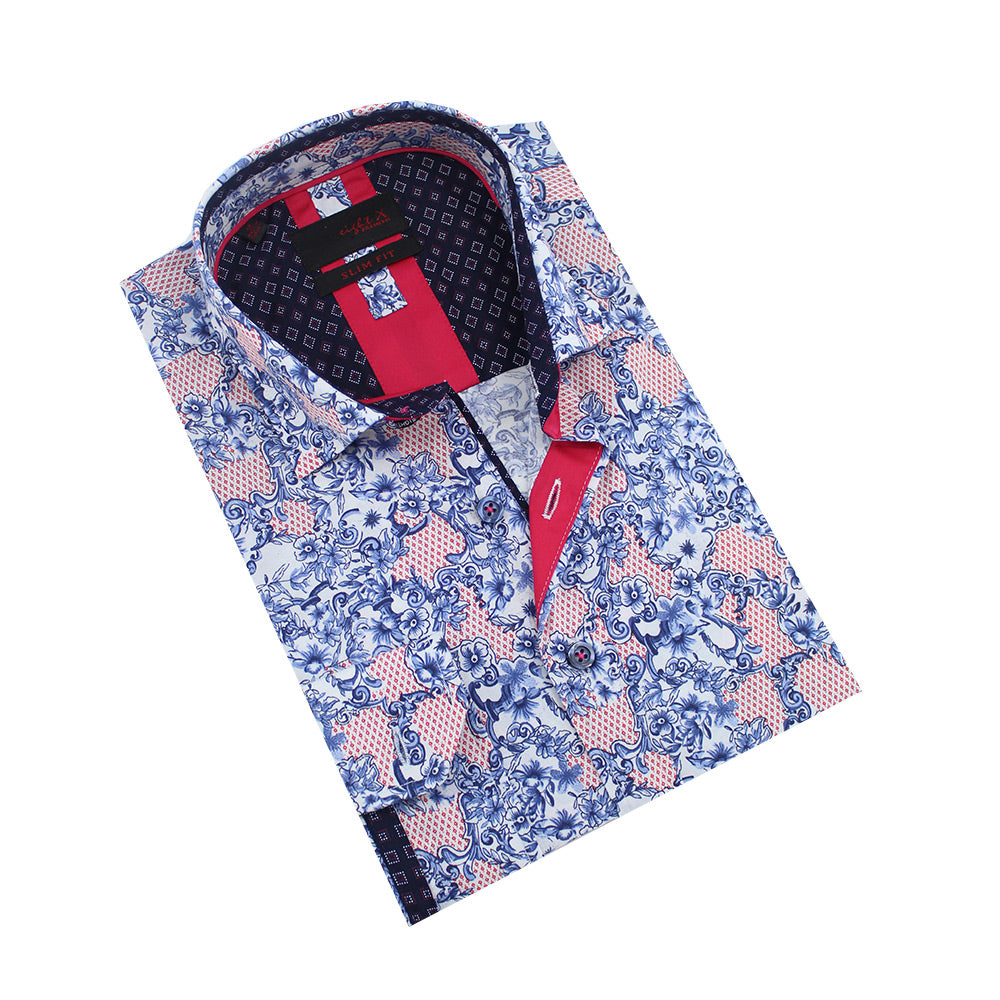 Folded button-up with navy and red baroque floral print. Featuring red trim.