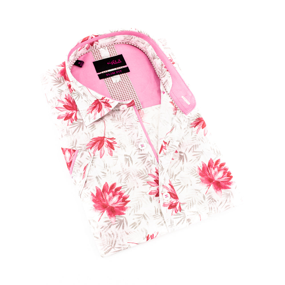 Men's white short-sleeve button-up with pink and beige floral pattern. Includes light-pink trim.