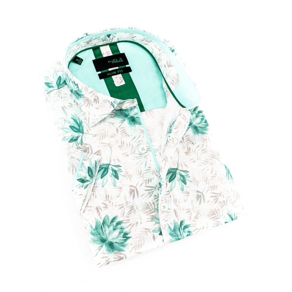 Men's white short-sleeve linen button-up with mint-green and beige floral pattern. Includes mint-green trim.