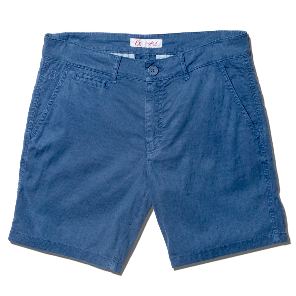 Blue textured jacquard shorts with front welt pocket