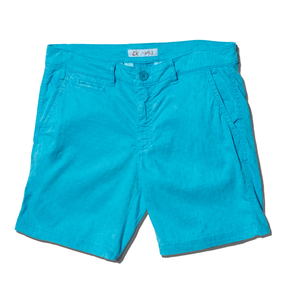 Turquoise textured jacquard shorts with front welt pocket