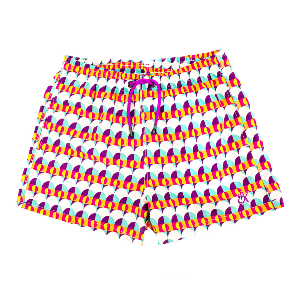 Purples, blue and yellow printed swim trunks. Front View. 