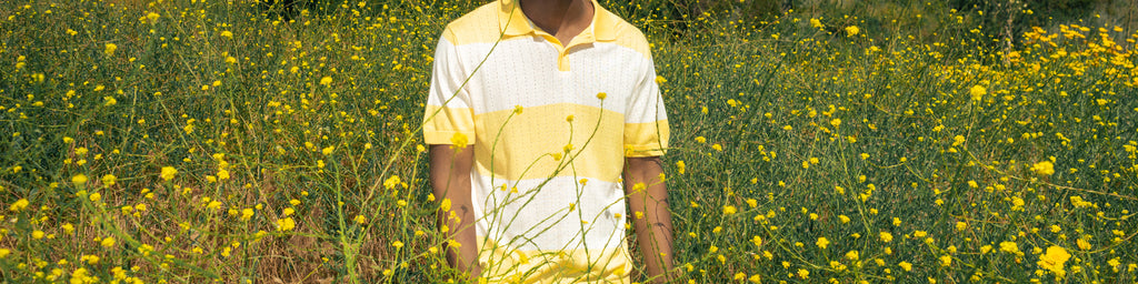 knit polo in flower field