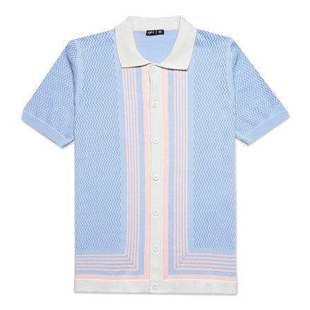 The Linear Knit Polo Shirt - Light Blue Button Down Shirts Eight-X