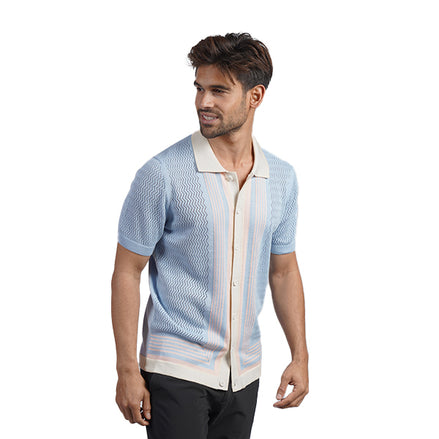 The Linear Knit Polo Shirt - Light Blue Button Down Shirts Eight-X