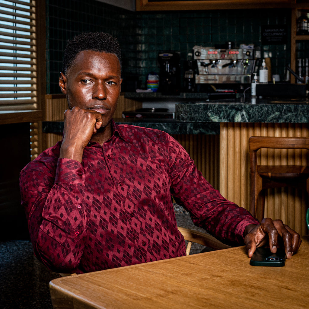 Argyle Jacquard Button Down Shirt - Burgundy Shirts EightX