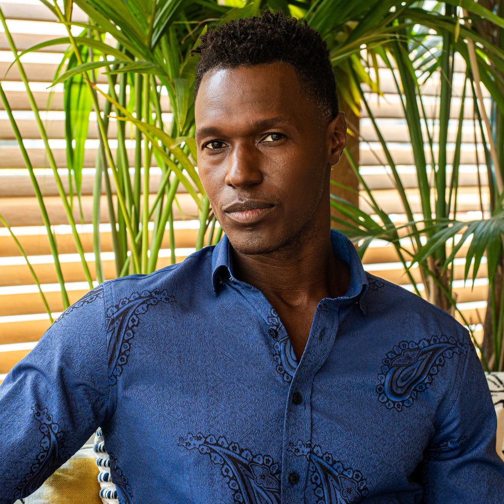 Big Paisley Jacquard Button Down Shirt - Blue Shirts EightX