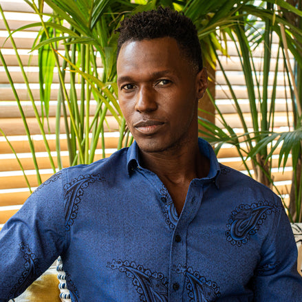 Big Paisley Jacquard Button Down Shirt - Blue Shirts EightX