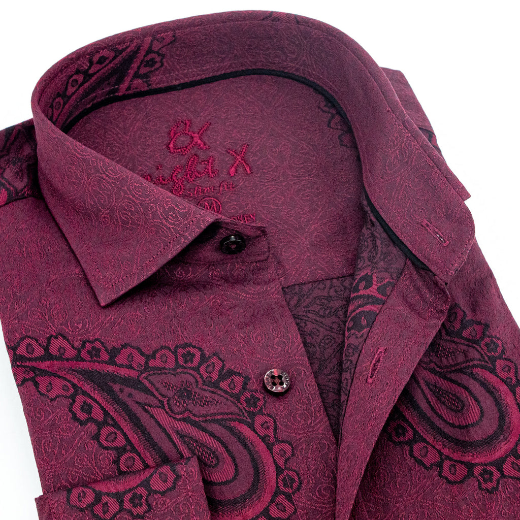 Big Paisley Jacquard Button Down Shirt - Burgundy Shirts EightX
