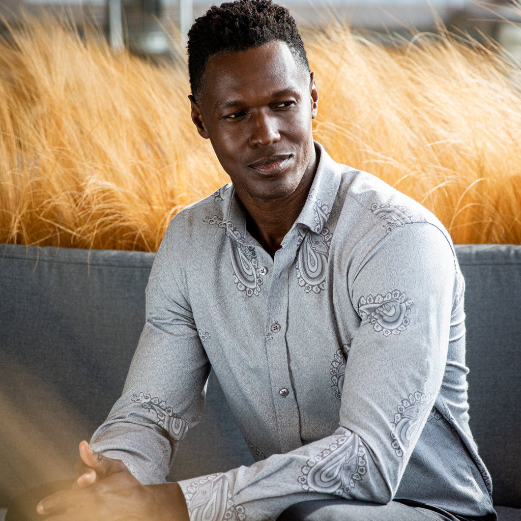 Big Paisley Jacquard Button Down Shirt - Grey Shirts EightX