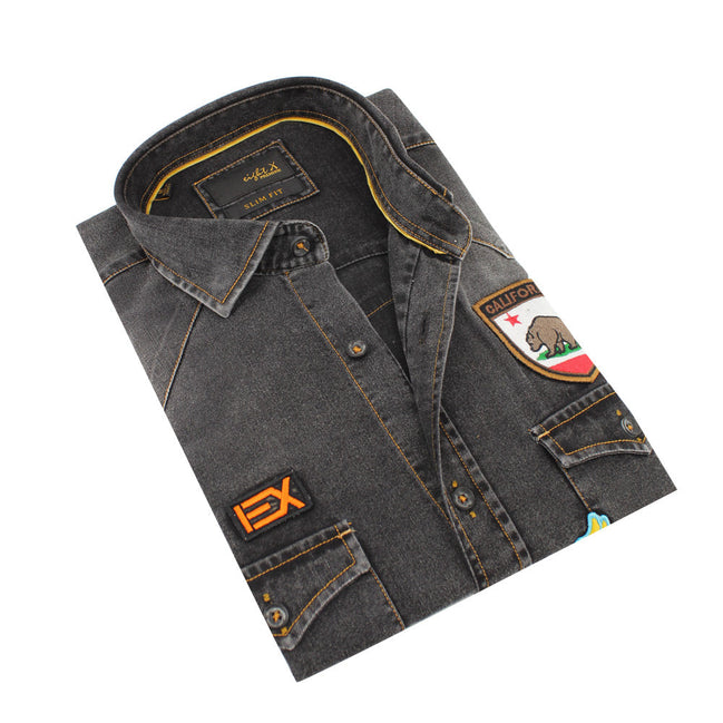 Black Denim California Patch Button Down Shirt Shirts Eight-X BLACK S