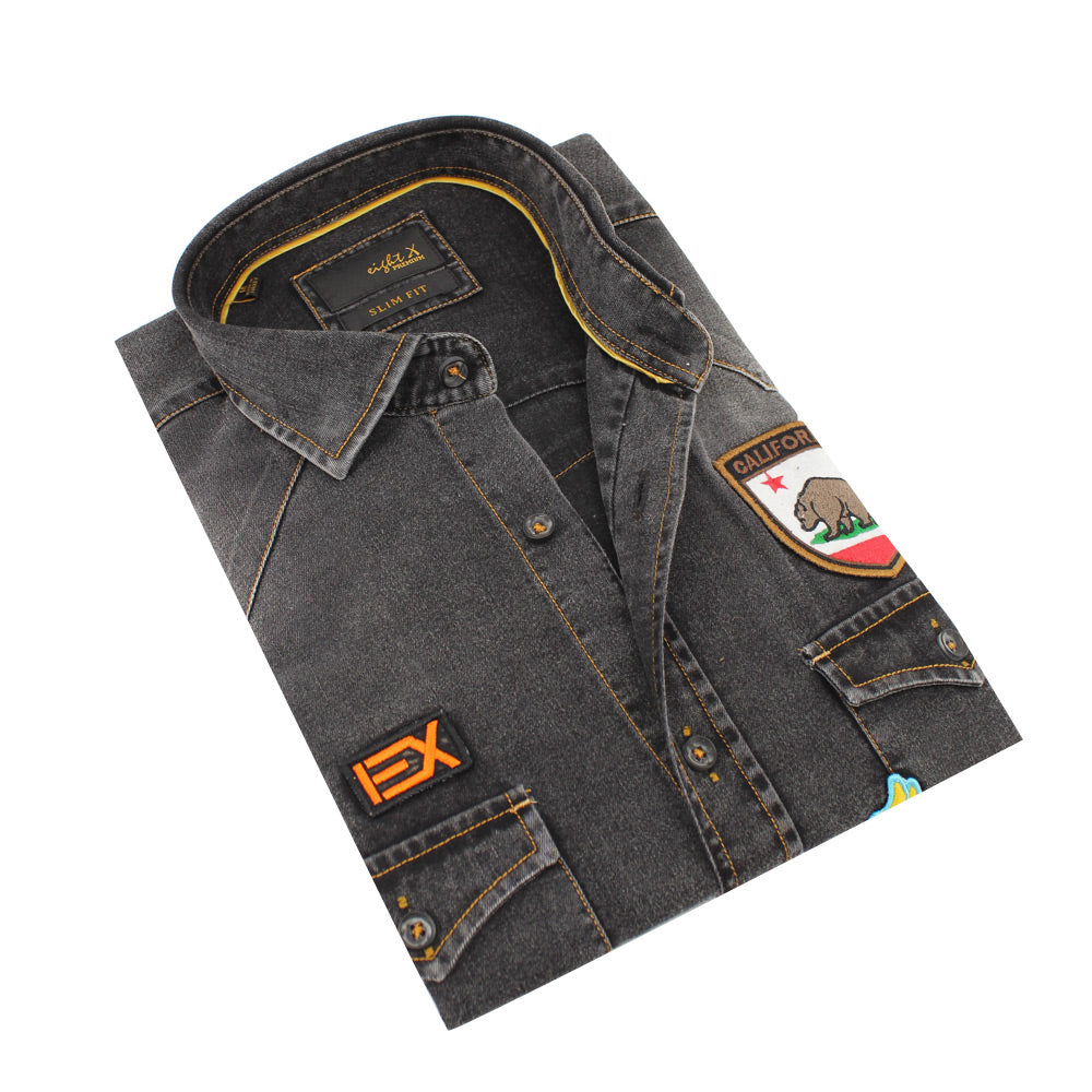 Black Denim California Patch Button Down Shirt Shirts Eight-X BLACK S