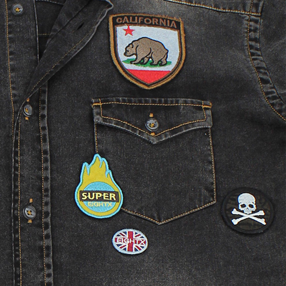 Black Denim California Patch Button Down Shirt Shirts Eight-X