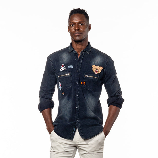 Black Grizzly Bear Denim Button Down Shirt Shirts Eight-X BLACK S