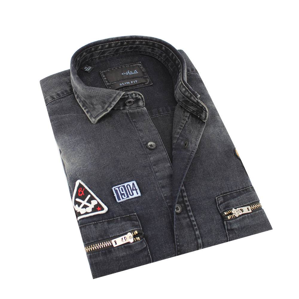 Black Grizzly Bear Denim Button Down Shirt Shirts Eight-X