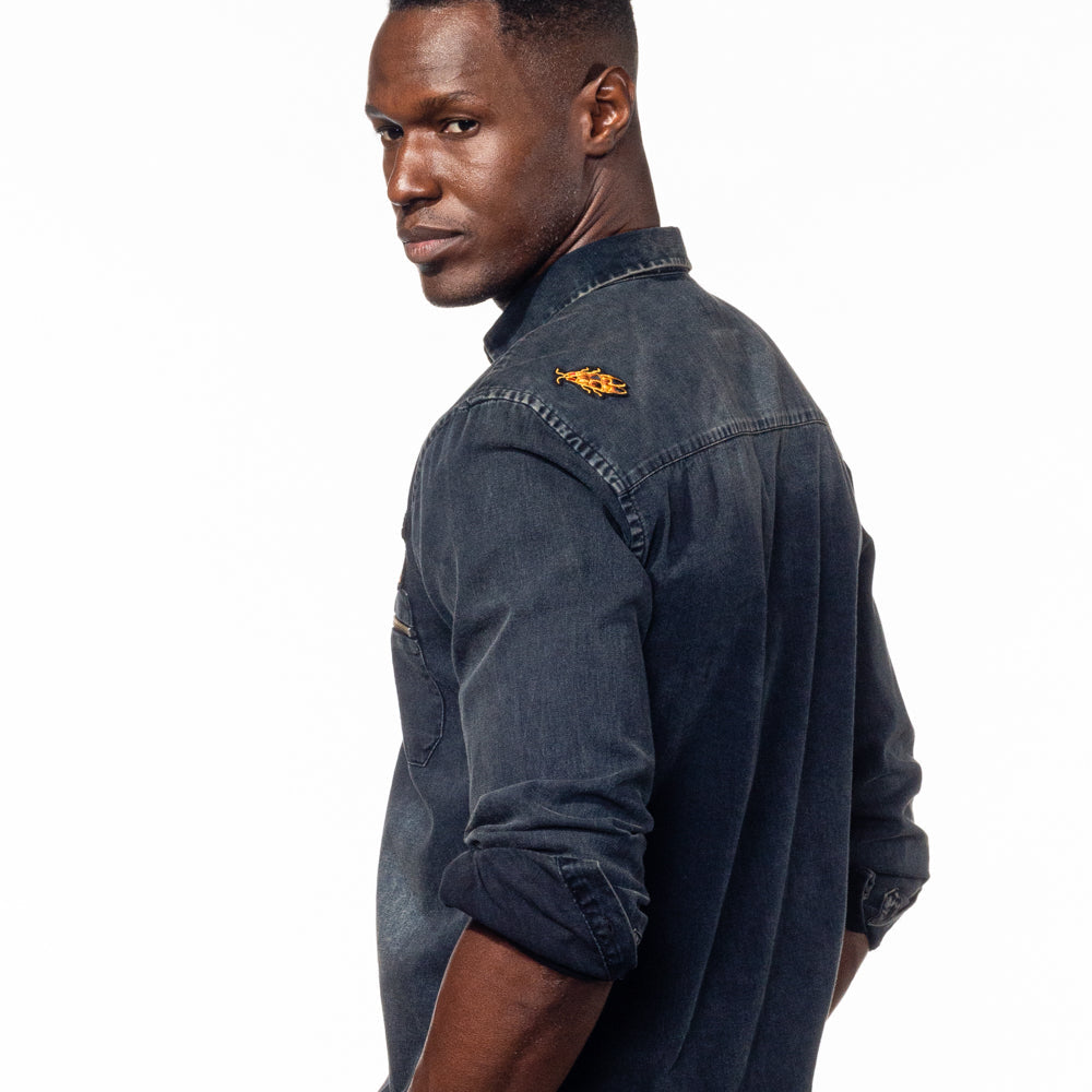 Black Grizzly Bear Denim Button Down Shirt Shirts Eight-X