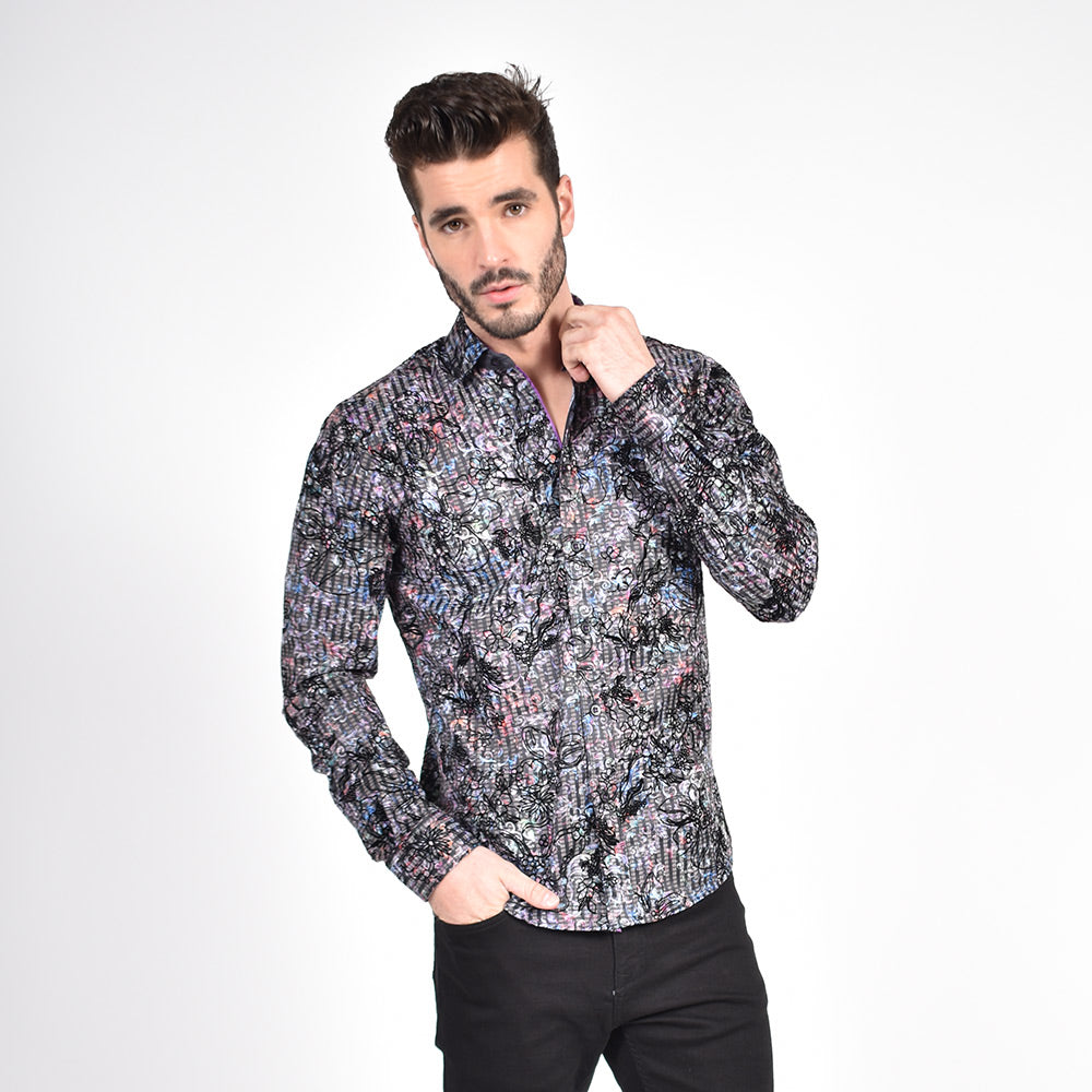 Colorful Baroque Button Down Shirt with Flocking Shirts Eight-X