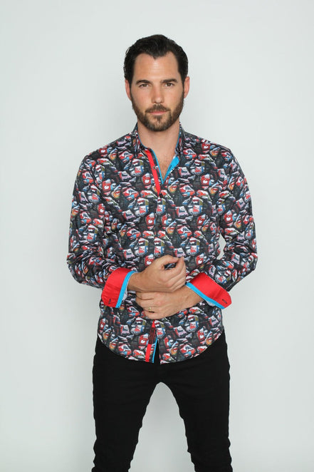 Comic Style Dark Button Down W/ Trim Shirts EightX