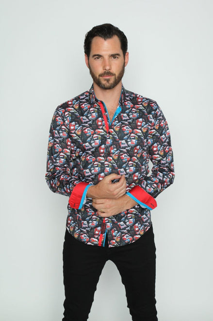 Comic Style Dark Button Down W/ Trim Shirts EightX