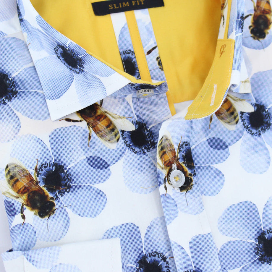 bee dress shirt White Bees Short Sleeve Shirt  Mens Printed Casual Button-Down