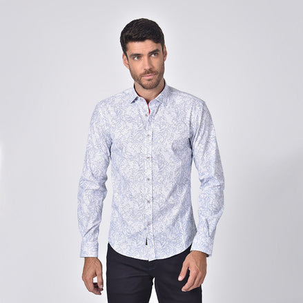 Damask Print Button Down Shirt in White Shirts Eight-X