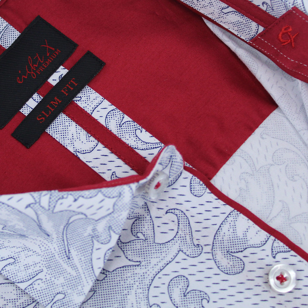 Damask Print Button Down Shirt in White Shirts Eight-X