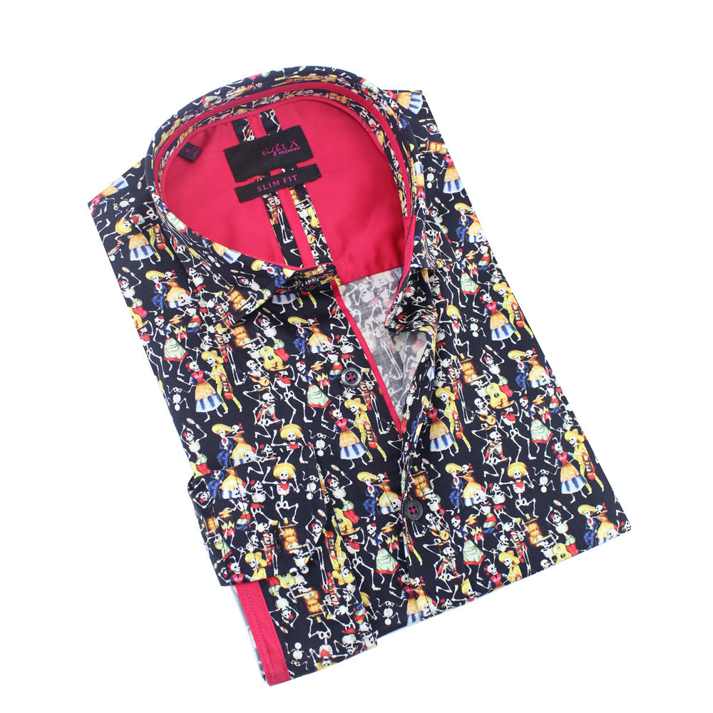 Dancing Day of The Dead Button Down Shirt Shirts Eight-X BLACK S