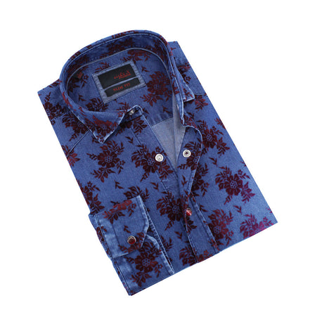 Denim Button Down Shirt with Burgundy Flocking Bouquet Shirts Eight-X NAVY S