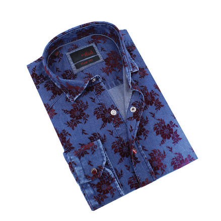 Denim Button Down Shirt with Burgundy Flocking Bouquet Shirts Eight-X NAVY S