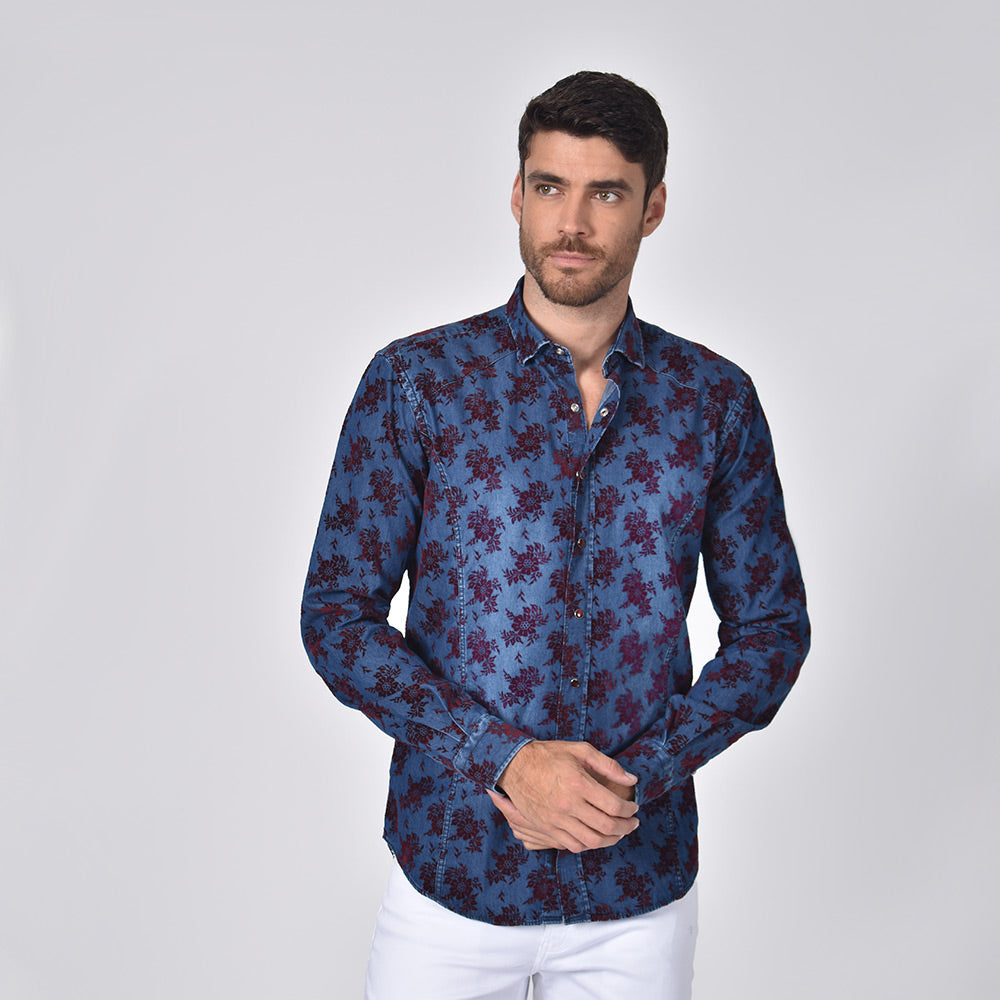 Denim Button Down Shirt with Burgundy Flocking Bouquet Shirts Eight-X
