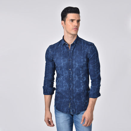 Denim Floral Jacquard Button Down Shirt Shirts Eight-X